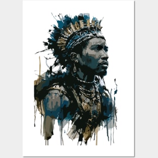 Tribal African Warrior in Costume with Spear in Ink Painting Style Posters and Art